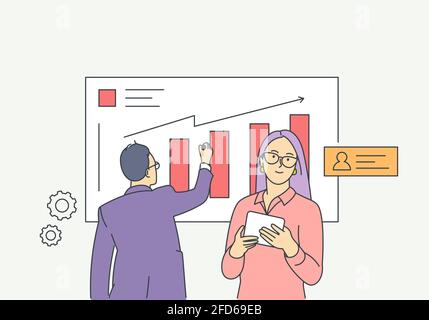 Analyse, statistiques, planification, concept de partenariat commercial. Jeune homme et femme, homme d'affaires, analyse, stratégie de développement, amélioration à Illustration de Vecteur