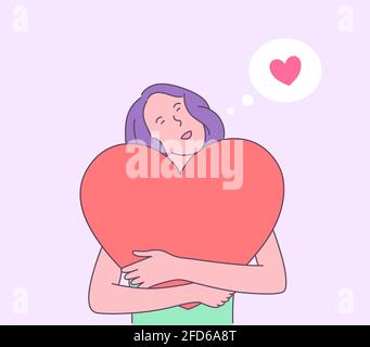 Histoire d'amour ou concept de Saint Valentin. Jeune femme heureuse rêveuse personnage de dessin animé tenant le coeur rouge boîte en forme Illustration de Vecteur