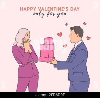 Amour, rencontres, romance, relation, togetherness, concept de couple. Beau jeune heureux homme personnage de dessin animé donnant des cadeaux à la femme choquée. Moderne li Illustration de Vecteur