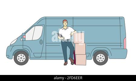 Livraison, service de messagerie. Le transporteur de livraison tient le colis avec le camion de livraison. Illustration de Vecteur