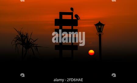Brouillard atmosphérique et soleil levant tôt le matin. Paysage orange spectaculaire. Panneau et lampadaire dans un parc nouvellement créé à Galle Banque D'Images
