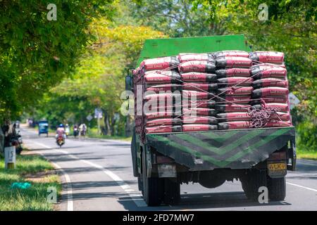 Pile de sacs de ciment de transport par camion, lourd et se déplacer lentement dans l'autoroute entourée par la belle nature verte. Banque D'Images