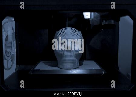 Crâne imprimé en plastique gris bleu sur imprimante 3d. Banque D'Images