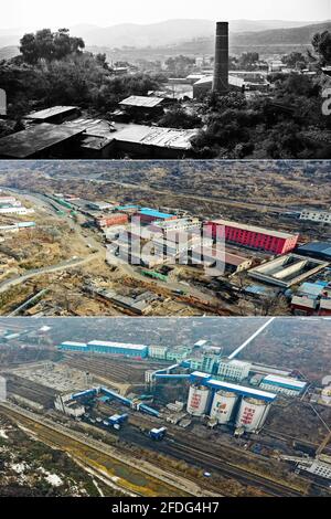 (210424) -- TAIYUAN, 24 avril 2021 (Xinhua) -- la photo combinée montre la mine Songshukeng où Zhang Lianggui a travaillé (en haut, photo de fichier), la mine Baijiazhuang (au milieu, prise le 11 mars 2021) et la mine du'erping (en bas, prise le 18 mars 2021) dans la province de Shanxi, dans le nord de la Chine. Zhang Lianggui, son fils Zhang Hai et son petit-fils Zhang Shiqi avaient tous travaillé comme mineurs de charbon. L'histoire de cette famille de mineurs de charbon sur trois générations illustre l'essor de l'industrie minière chinoise, de l'activité humaine à celle de la technologie. Près de 90 ans, Zhang Lianggui est un mineur à charbon à la retraite. Réf Banque D'Images