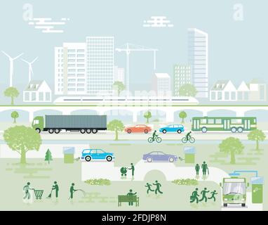 Paysage écologique de la ville avec circulation routière et piétons, illustration Illustration de Vecteur