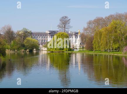 Le palais de Buckingham et le monument commémoratif Victoria vus depuis Blue Bridge qui traverse le lac ornemental de St James's Park Londres Angleterre Royaume-Uni Banque D'Images