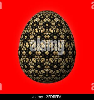 Joyeuses Pâques, motif artistique et coloré oeuf de pâques en 3D, illustration en 3D sur le rouge Banque D'Images