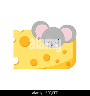 Tête de souris mignonne en dehors du trou dans le fromage Illustration de Vecteur
