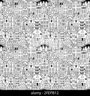 Motif noir et blanc sans couture avec canal d'Amsterdam et maisons hollandaises typiques, Hollande, pays-Bas. Illustration de Vecteur