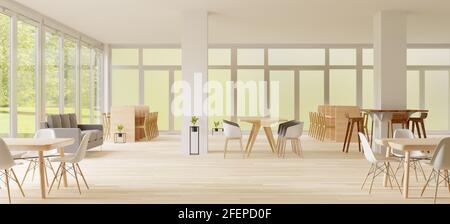 rendu 3d, espace de travail en co, espace vide, mur blanc et plancher en bois Banque D'Images