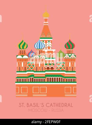 Affiche au design moderne avec fond coloré de la cathédrale Saint-Basile (Moscou, Russie). Illustration vectorielle Illustration de Vecteur