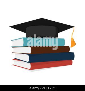 Pile de livres de couleurs. Illustration vectorielle. Un tas de livres avec un chapeau de graduation carré au sommet. Concept d'éducation Illustration de Vecteur