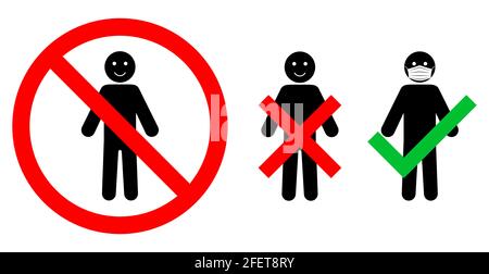 Homme masqué et pas de masque. Panneau rond rouge STOP ou Ban. Illustration vectorielle. Un masque médical est requis Illustration de Vecteur