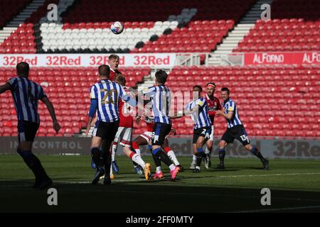 MIDDLESBROUGH, ROYAUME-UNI. 24 AVRIL Josh Coburn de Middlesbrough dirige leur deuxième but et son premier pour le club lors du match de championnat Sky Bet entre Middlesbrough et Sheffield mercredi au stade Riverside, Middlesbrough le samedi 24 avril 2021. (Credit: Mark Fletcher | MI News) Credit: MI News & Sport /Alay Live News Banque D'Images