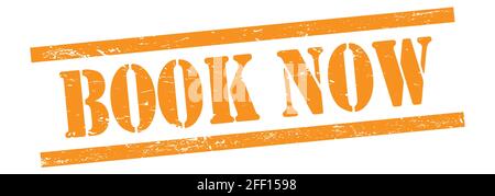 RÉSERVEZ MAINTENANT texte sur timbre orange grungy vintage en caoutchouc. Banque D'Images