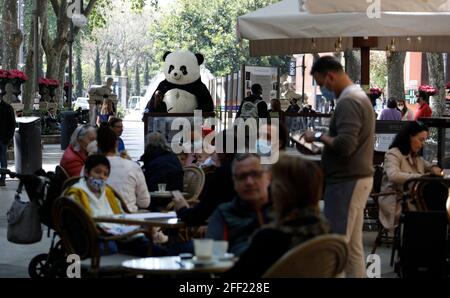 Palma, Espagne. 24 avril 2021. Les clients s'asseyant dans l'espace extérieur d'un bar. À Majorque, de nouvelles relaxations de Corona s'appliquent depuis 24.04.2021. Fondamentalement, les restaurateurs sont autorisés à ouvrir les zones extérieures jusqu'à 17 heures, les zones intérieures doivent rester fermées. Du lundi au jeudi, les établissements sont en outre autorisés à servir des clients sur les terrasses entre 20 et 22.30 heures. Credit: Clara Margais/dpa/Alay Live News Banque D'Images