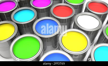 Arrière-plan des boîtes de peinture colorées. Rendu 3D Banque D'Images