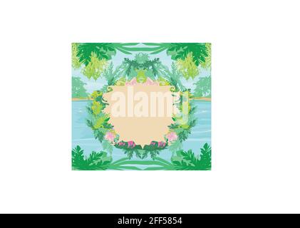 cadre tropical - palmiers verts et fleurs roses Illustration de Vecteur