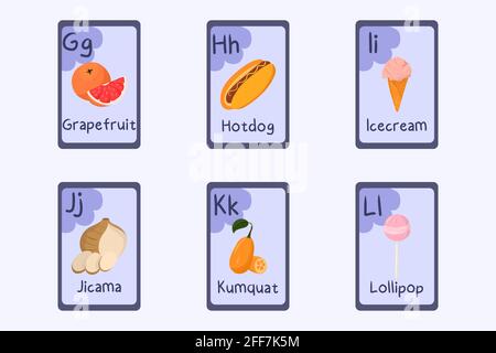 Flashcard à l'alphabet coloré lettre G, H, I, J, K, L - pamplemousse, hot dog, glace, jicama, kumquat, lollipop. Cartes sur le thème de la nourriture pour l'enseignement de la lecture avec les aliments, les légumes, les fruits et les noix Illustration de Vecteur