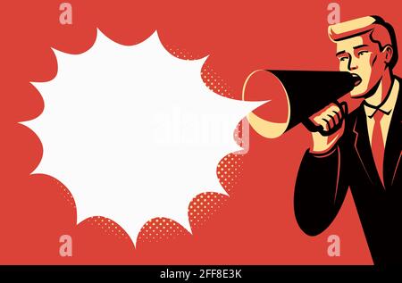 Homme d'affaires promoteur tenant un haut-parleur mégaphone. Concept de promotion commerciale. Illustration vectorielle de style pop art Illustration de Vecteur