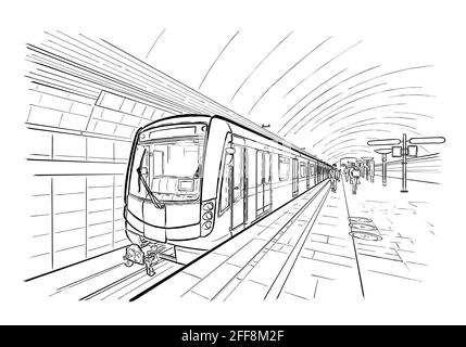 Encre dessinés à la main, croquis de la ligne de métro, train en vue perspective du style du contour. Illustration de Vecteur