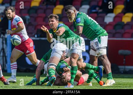 LONDRES, ROYAUME-UNI. 24 avril 2021. Lors du match de rugby Gallagher Premiership entre London Irish et Harlequins au stade communautaire de Brentford le samedi 24 avril 2021. LONDRES, ANGLETERRE. Credit: Taka G Wu/Alay Live News Banque D'Images