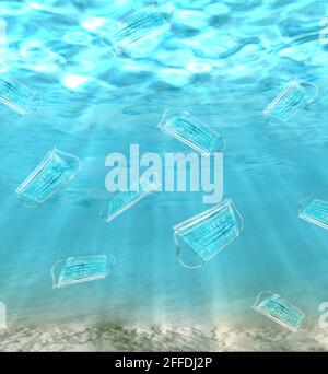 Pollution plastique dans l'océan. Problème écologique. Aucun gaspillage. Pollution de l'environnement. Masques protecteurs au fond de la mer ou de l'océan Banque D'Images