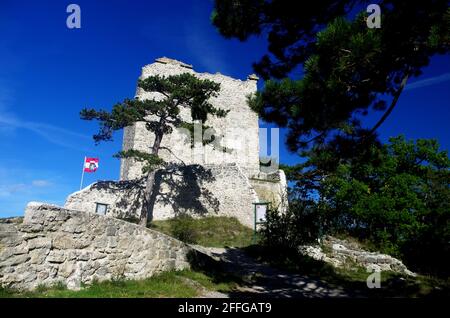 Ruines du château à Moedling (Mödling), en basse-Autriche. Voyage destination voyage au départ de Vienne. Belle vue sur la ruine du château Moedling avec drapeau. Banque D'Images