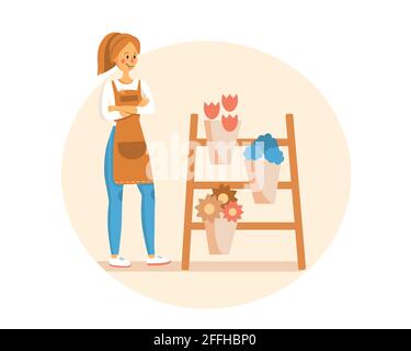 Une jeune fille dans un tablier près d'un stand de fleurs. Illustration vectorielle isolée en style plat. Pour l'impression, le design, la décoration, les autocollants, les vêtements, t-shirt, flo Illustration de Vecteur