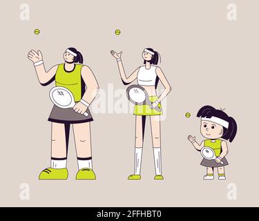 Trois jeunes filles personnages jouant au tennis Vector illustration plate isolée sur fond gris. Concept sport. Pour l'impression, le design et la compétition sportive Illustration de Vecteur