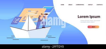 homme d'affaires avec des jumelles flottant sur un bateau en papier à la recherche de succès futur leadership startup stratégie planification concept horizontal pleine longueur Illustration de Vecteur