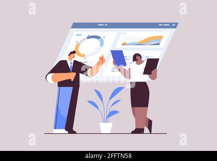 mélangez les hommes et femmes d'affaires de course en analysant les données financières sur des graphiques et des graphiques rapport de planification analyse de marché comptabilité Illustration de Vecteur