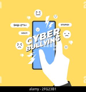 Concept de cyber-intimidation. Mains tenant un smartphone avec un message d'intimidation cybernétique. Illustration de Vecteur