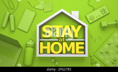 Restez à la maison. Inscription jaune dans le symbole de la maison sur fond vert. Ordinateur portable, téléphone, jeux de société, matériel de rangement. rendu 3d. Banque D'Images