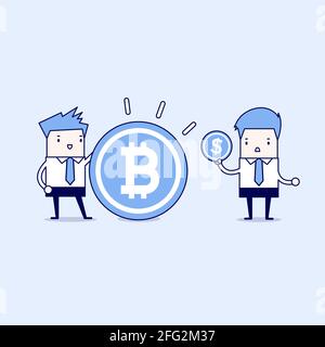 Hommes d'affaires comparant entre Bitcoin et Dollar coin. Vecteur de style ligne fine de personnage de dessin animé. Illustration de Vecteur