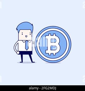 Homme d'affaires avec un bitcoin. Vecteur de style ligne fine de personnage de dessin animé. Illustration de Vecteur