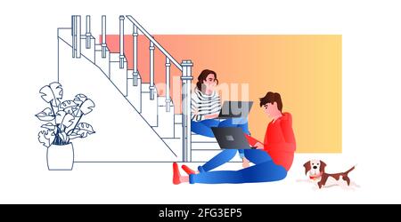 couple utilisant des ordinateurs portables homme femme freelances ou étudiants travaillant à auto-isolation de la communication en ligne à domicile Illustration de Vecteur