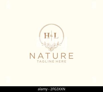 Lettres HL cadres fleuris. Décoration unique en monoline préfaite, modifiable et féminine, pour une carte de vœux, une invitation à un mariage. Illustration de Vecteur