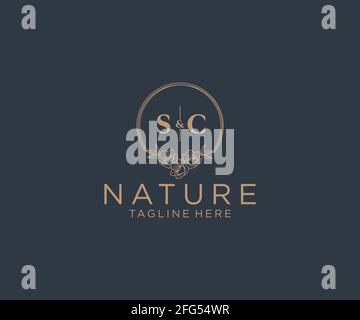 Lettres SC cadres floraux. Décoration unique en monoline préfaite, modifiable et féminine, pour une carte de vœux, une invitation à un mariage. Illustration de Vecteur