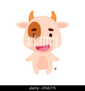 Jolie petite vache sur fond blanc. Personnage animal de dessin animé pour les cartes d'enfants, douche de bébé, invitation d'anniversaire, intérieur de maison. Couleurs vives pour enfants Illustration de Vecteur