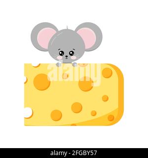 Mignonne souris grimpez sur un morceau de fromage vecteur plat conception isolée sur fond blanc. Illustration de Vecteur