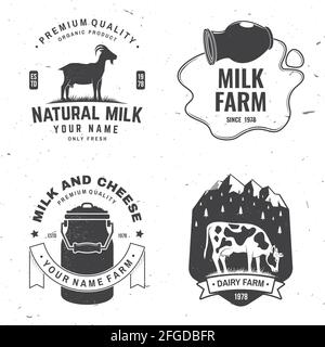 Ferme laitière. Logo et badge lait frais uniquement. Vecteur. Conception typographique avec la vache , silhouette de chèvre. Modèle pour les activités de laiterie et de laiterie - magasin Illustration de Vecteur