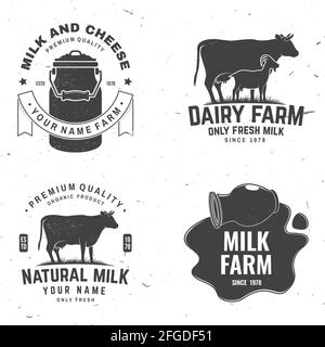 Ferme laitière. Logo et badge lait frais uniquement. Vecteur. Conception typographique avec la vache , silhouette de chèvre. Modèle pour les activités de laiterie et de laiterie - magasin Illustration de Vecteur