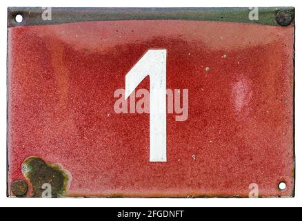 Blanc numéro un sur fond rouge - émail rouillé plaque métallique Banque D'Images