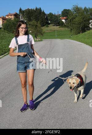 jolie fille avec des lunettes et une combinaison en denim marche avec elle labrador chien ami dans la rue en été Banque D'Images