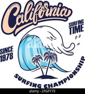 Championnat de surf de Californie. Modèle d'emblème avec vagues et palmiers. Élément design pour affiche, carte, bannière, panneau, emblème. Illustration vectorielle Illustration de Vecteur