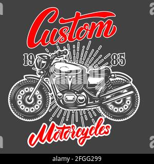 Motos personnalisées. Modèle d'emblème avec ancienne moto. Élément de design pour logo, étiquette, signe, emblème, affiche. Illustration vectorielle Illustration de Vecteur