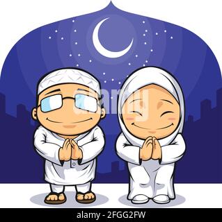 Moslem Man la femme islamique salue le dessin animé du Ramadan au Moyen-Orient Illustration de Vecteur