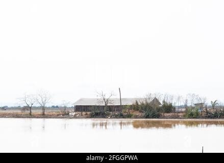 Vue sur le paysage d'une ferme industrielle de stockage de sel. Entreprise économique agricole. Banque D'Images