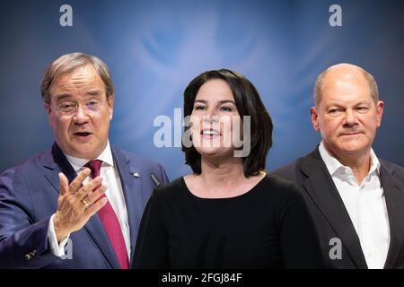 Bielefeld, Allemagne. 25 avril 2021. MONTAGE PHOTO: La chancelière candidats à l'élection fédérale de 2021: De gauche à droite: Armin LASCHET (CDU), Annalena BAERBOCK, (Buendnis 90/die Gruenen), OLAF SCHOLZ (SPD). | utilisation dans le monde crédit: dpa/Alay Live News Banque D'Images